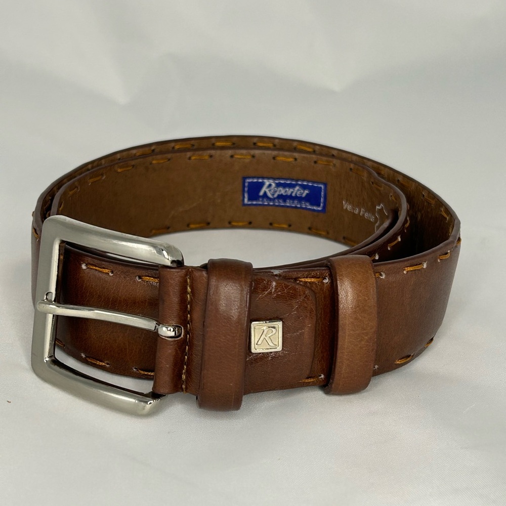 Reporter Brown Leather Belt with Orange Contrast Stitching